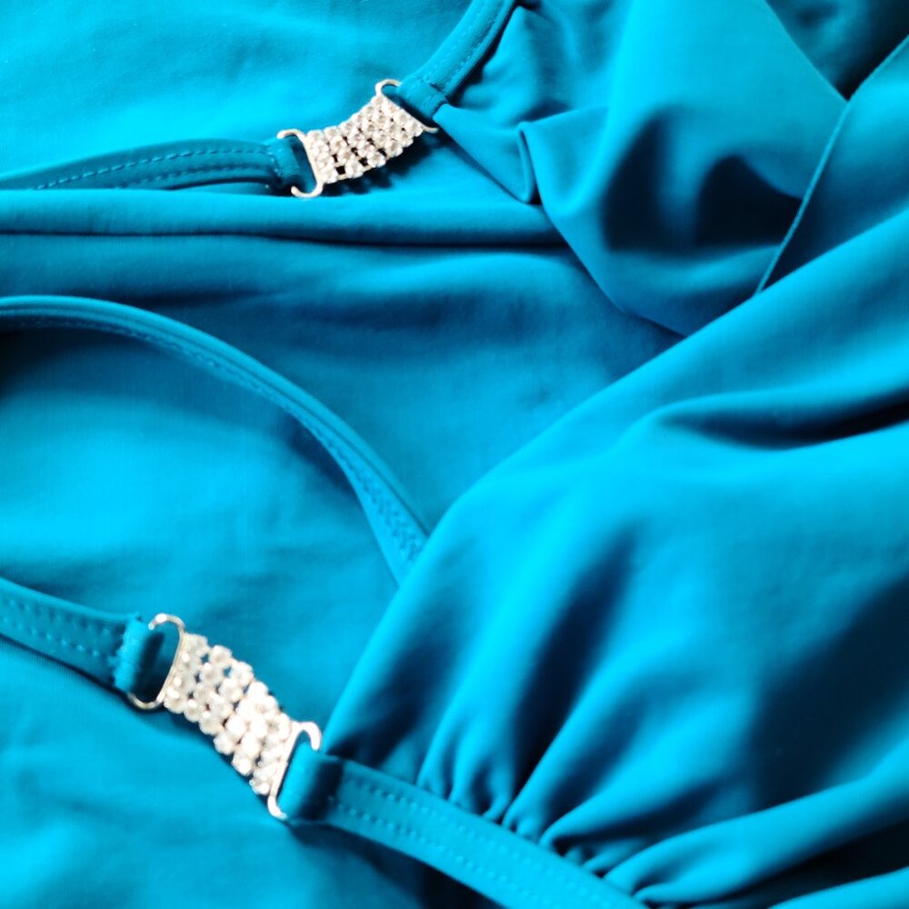 SHAPE FX BLUE TUMMY CONTROL SWIMSUIT-SIZE 8- BEJEWELED WRAP RUCHED- ONE-PIECE - Picture 4 of 11